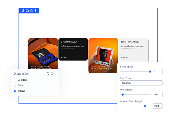 Divi Horizontal Scroll Effect Device and Scrub Speed Settings