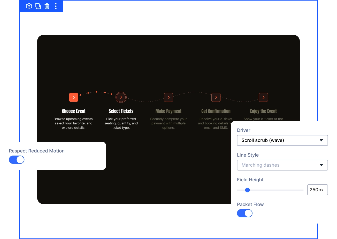 Divi Animated Process Flow packet and scroll reveal settings